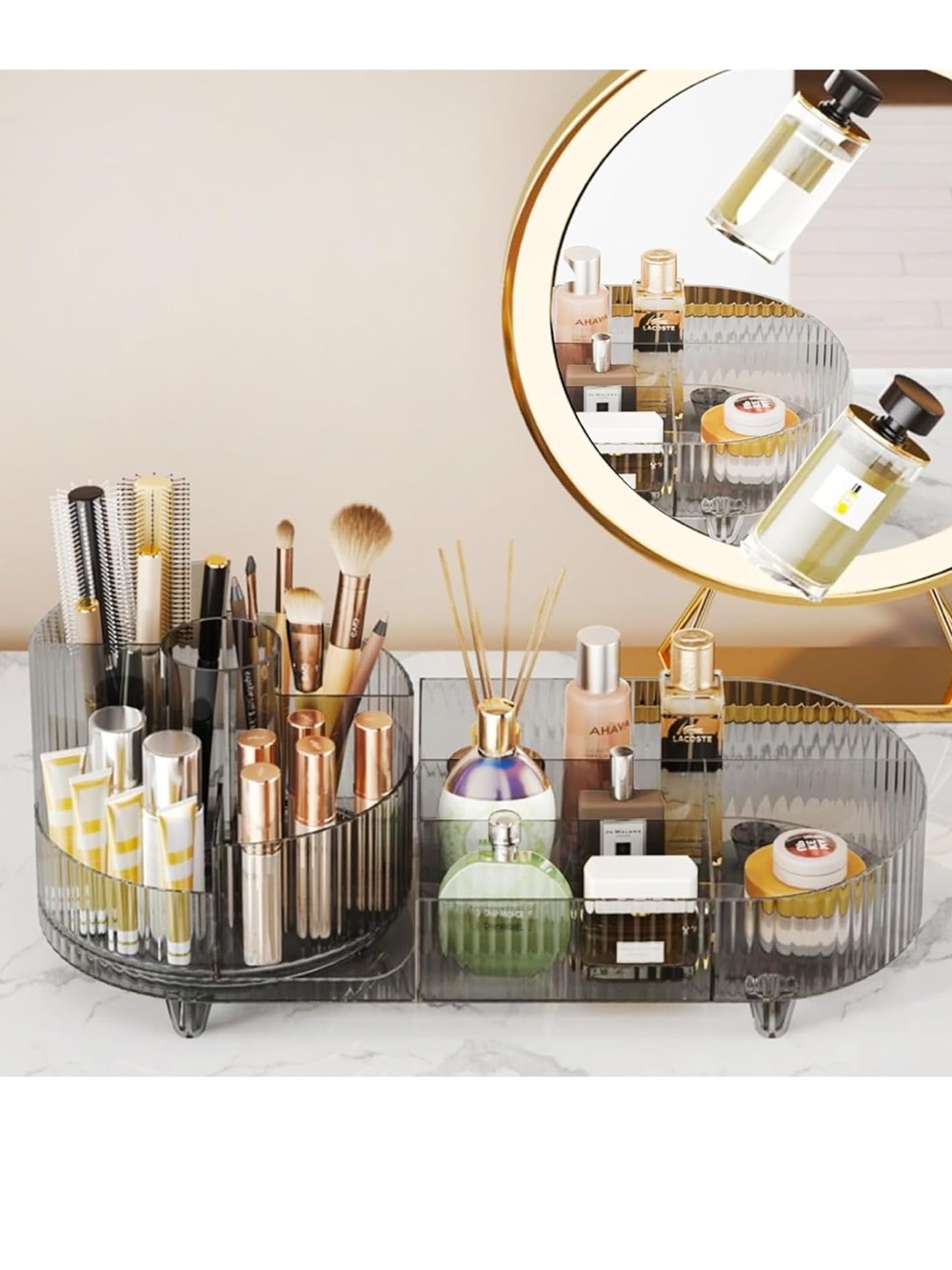 Oasis Home 360° Rotating Cosmetics Organizer Smoke Gray Gold 9 Compartments